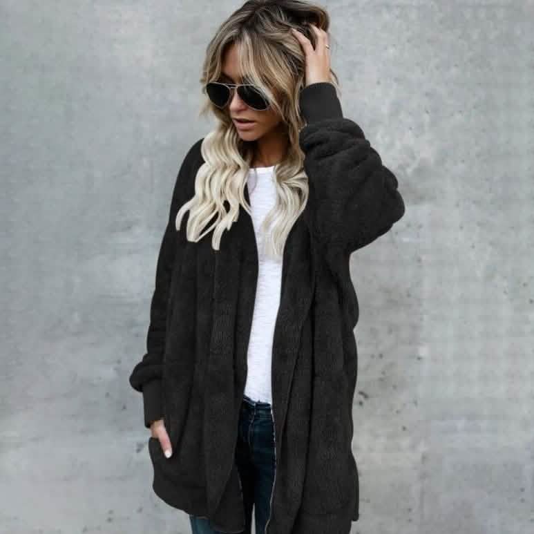 Veste Femme Automne Hiver Manteau Décontracté Doux Capuche Polaire Poches