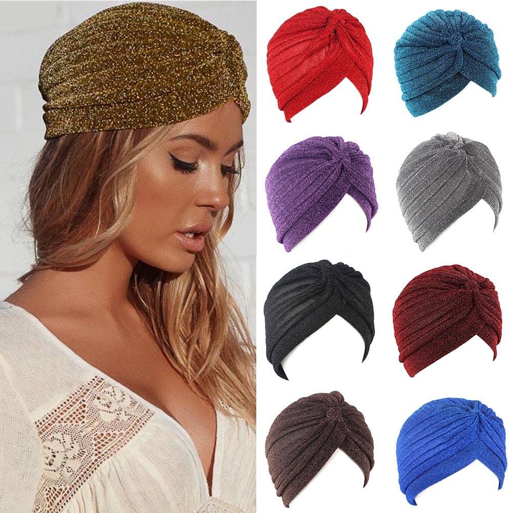 Bonnet Hiver Automne Chaud en Tissu Brillant Argent Doré Léger, Turban Serre-tête Noué, Chapeaux Décontractés Style Streetwear pour Femmes