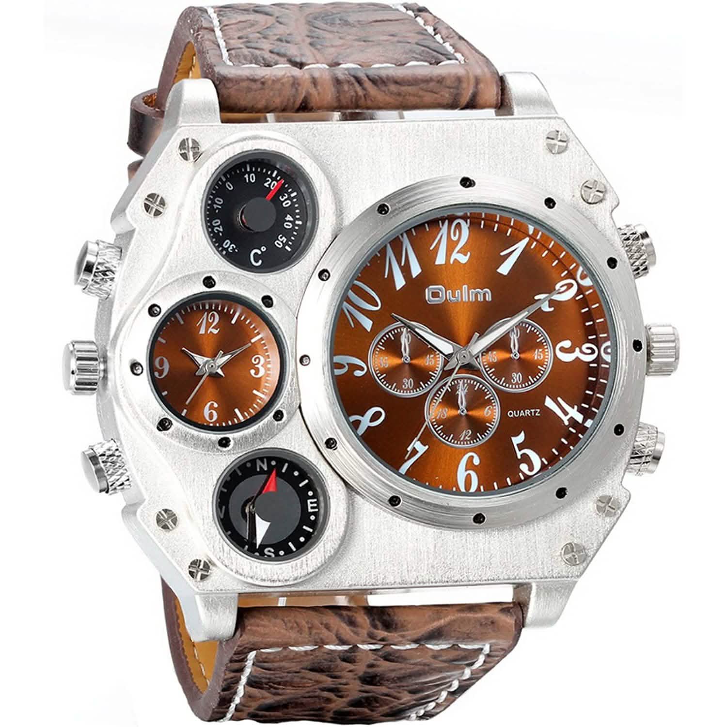 Montre sportive à double fuseau horaire avec grand cadran et bracelet en cuir pour homme Avaner
