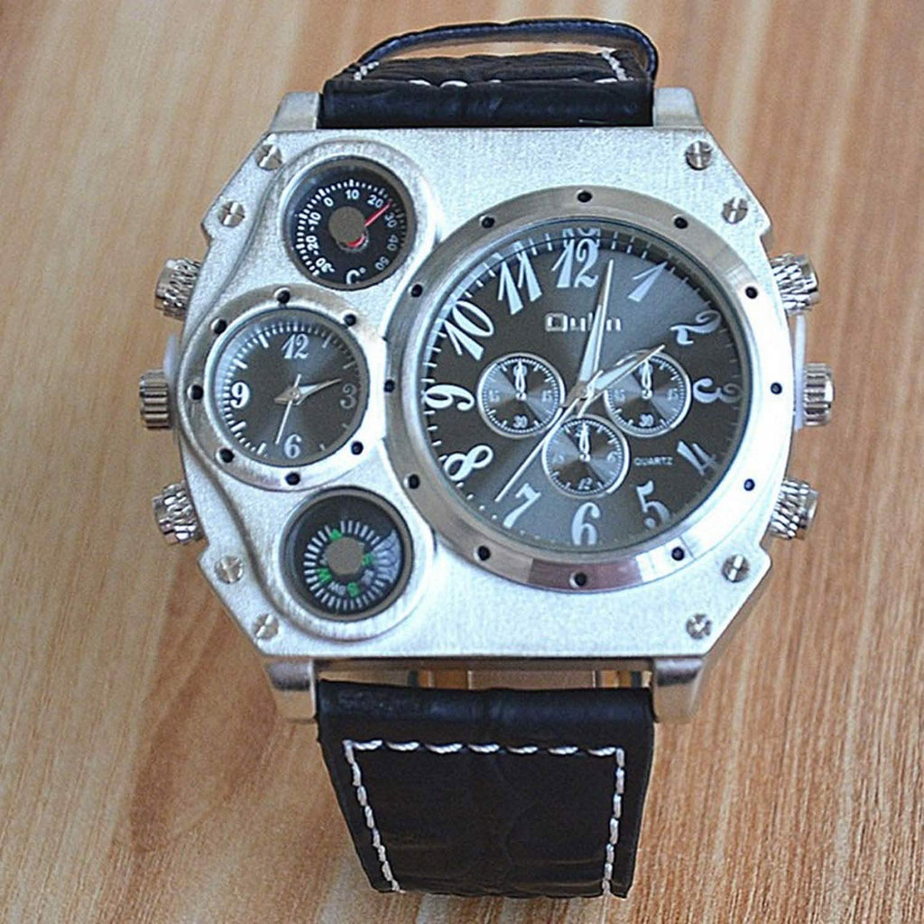 Montre sportive à double fuseau horaire avec grand cadran et bracelet en cuir pour homme Avaner