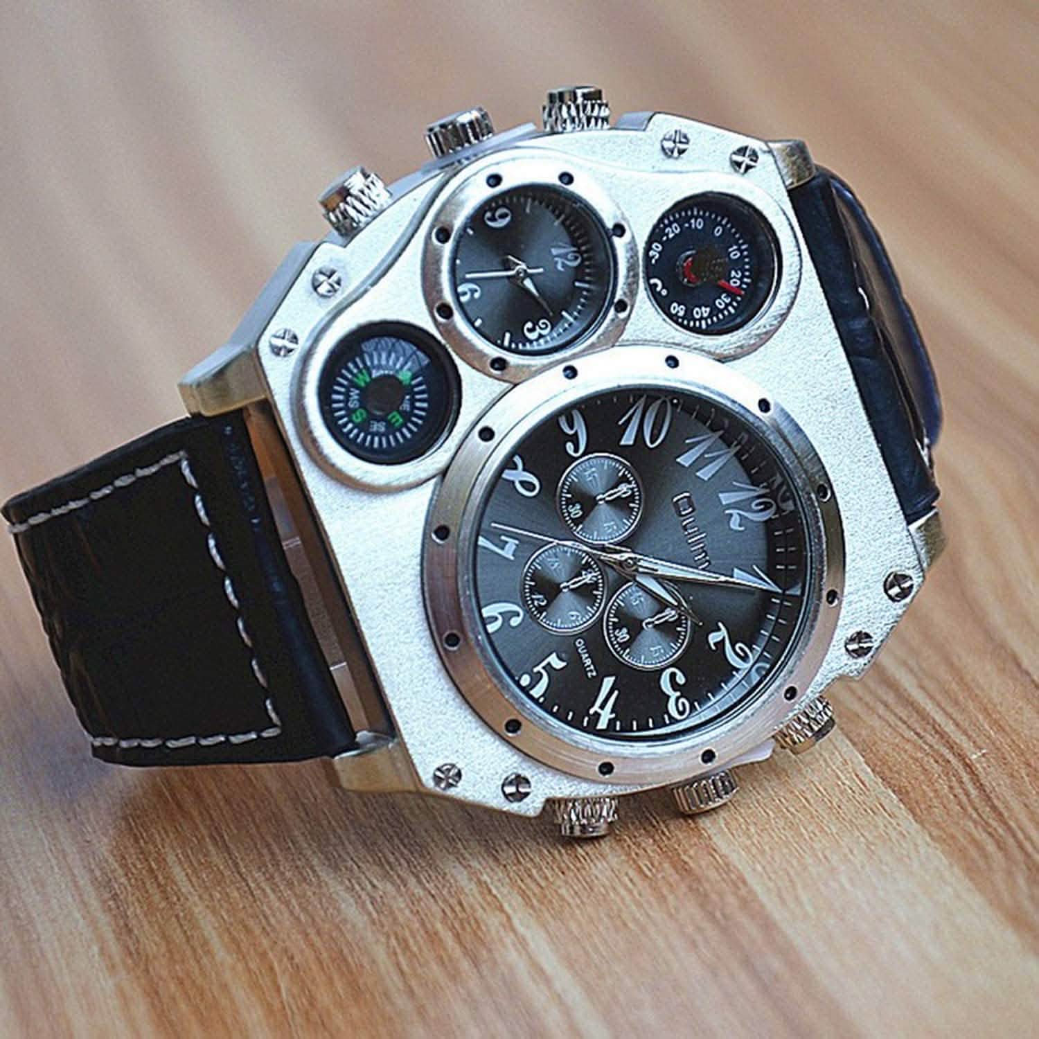 Montre sportive à double fuseau horaire avec grand cadran et bracelet en cuir pour homme Avaner