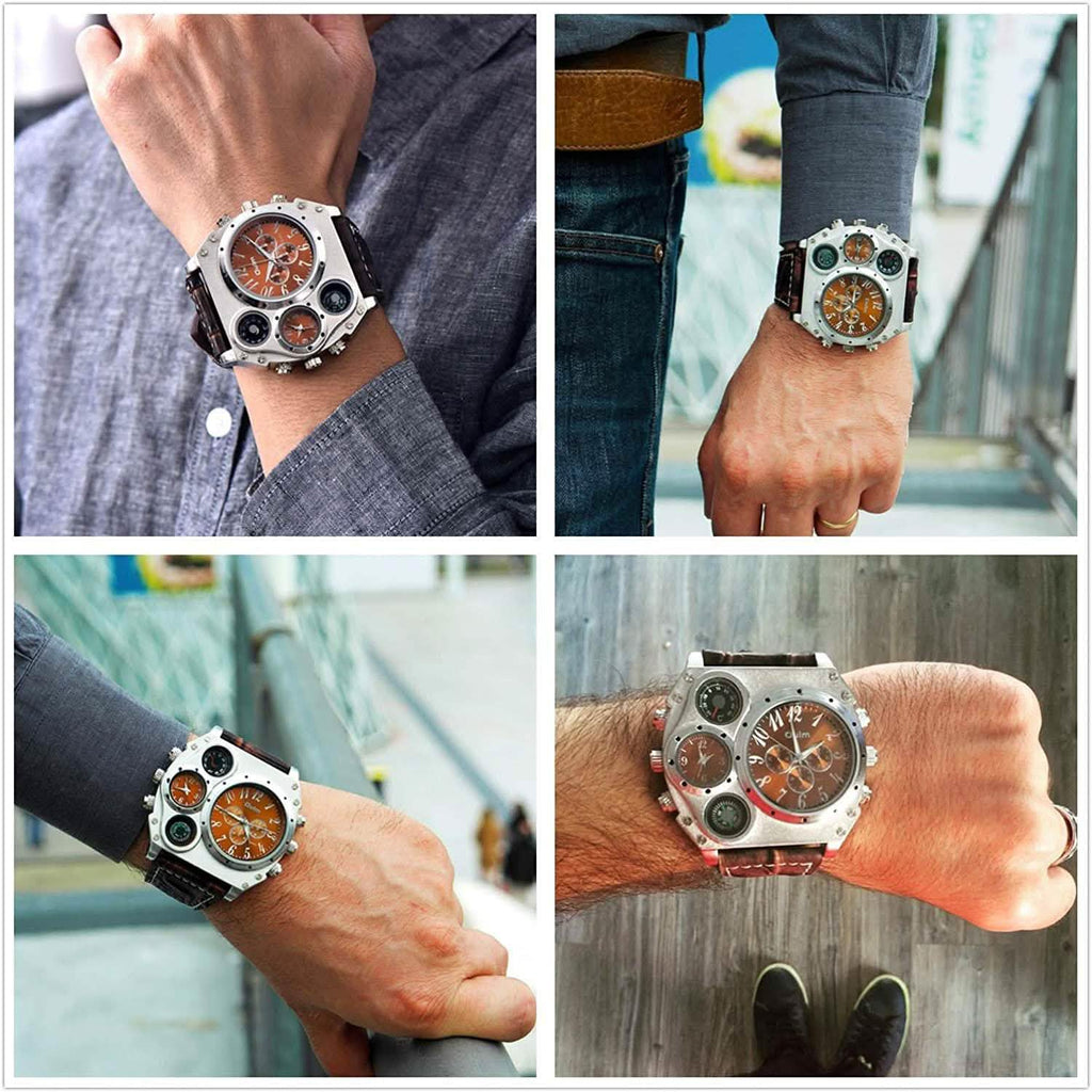 Montre sportive à double fuseau horaire avec grand cadran et bracelet en cuir pour homme Avaner