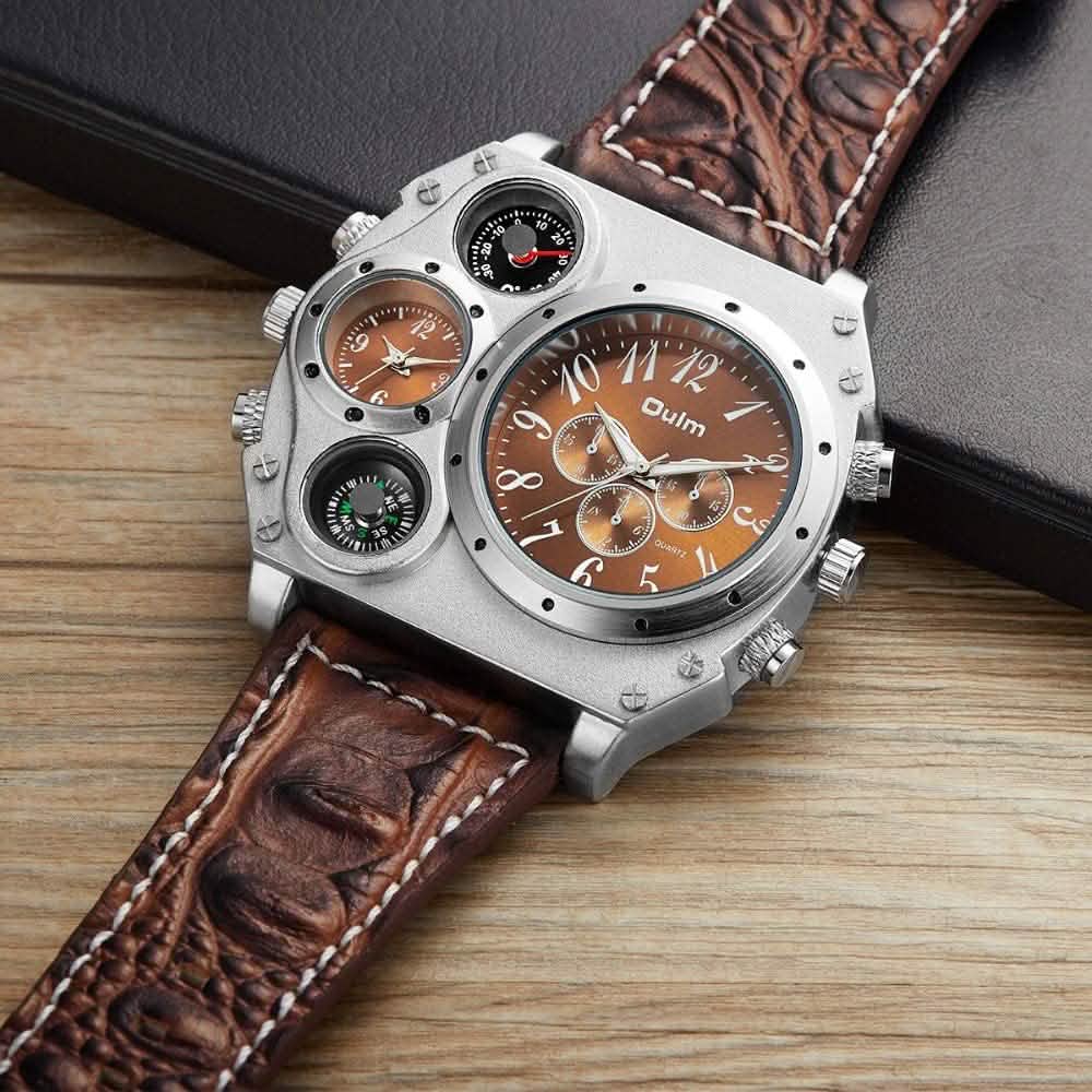 Montre sportive à double fuseau horaire avec grand cadran et bracelet en cuir pour homme Avaner