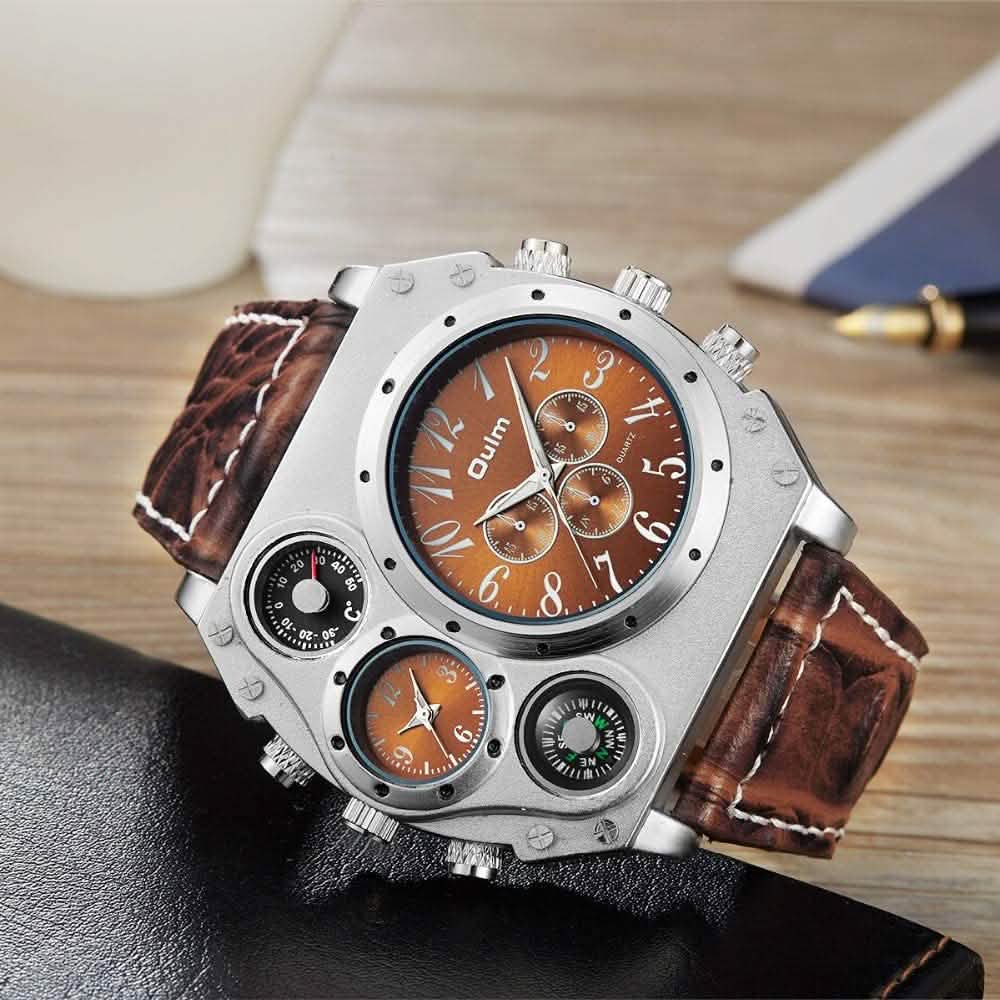 Montre sportive à double fuseau horaire avec grand cadran et bracelet en cuir pour homme Avaner