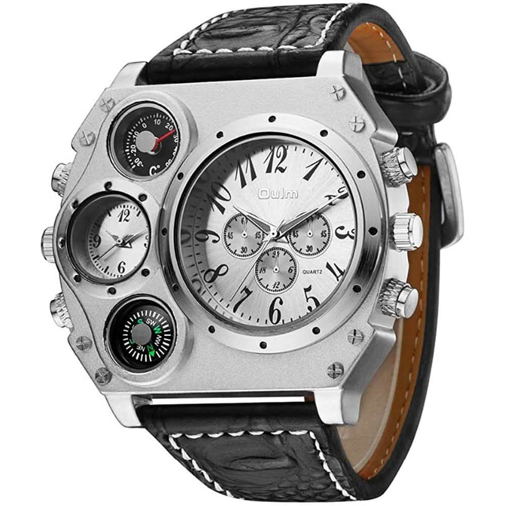 Montre sportive à double fuseau horaire avec grand cadran et bracelet en cuir pour homme Avaner