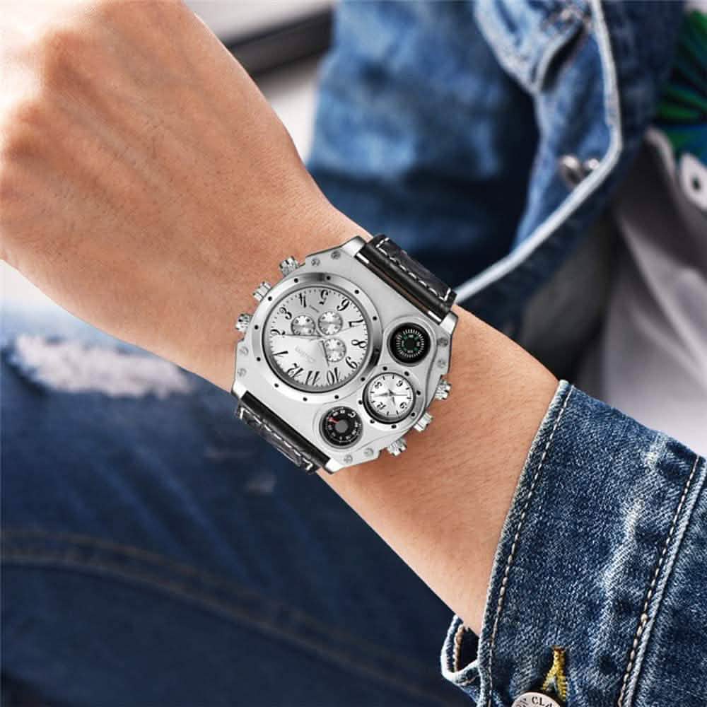 Montre sportive à double fuseau horaire avec grand cadran et bracelet en cuir pour homme Avaner