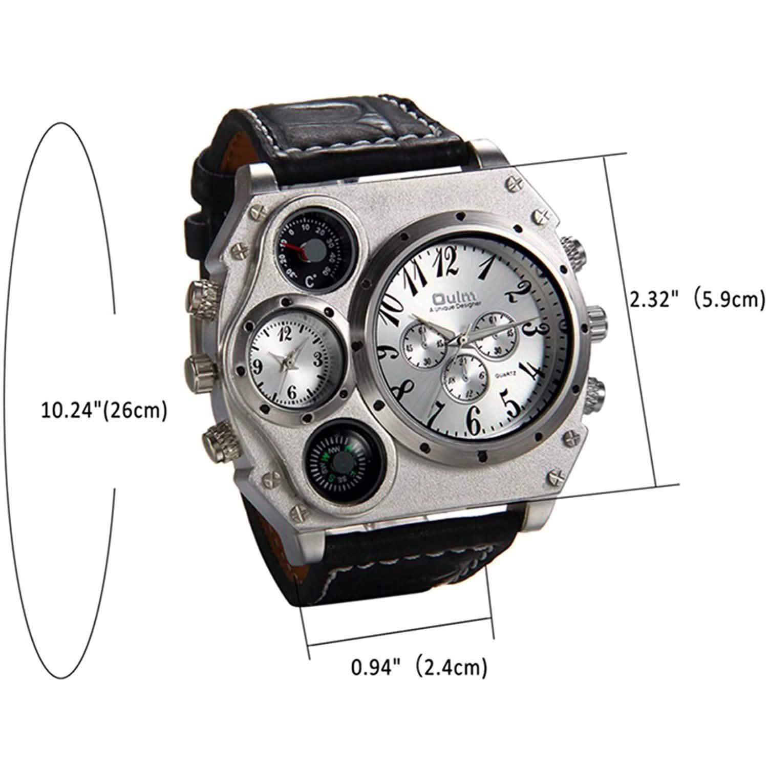 Montre sportive à double fuseau horaire avec grand cadran et bracelet en cuir pour homme Avaner