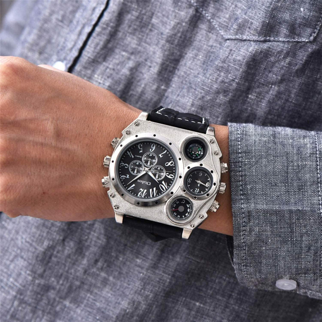 Montre sportive à double fuseau horaire avec grand cadran et bracelet en cuir pour homme Avaner