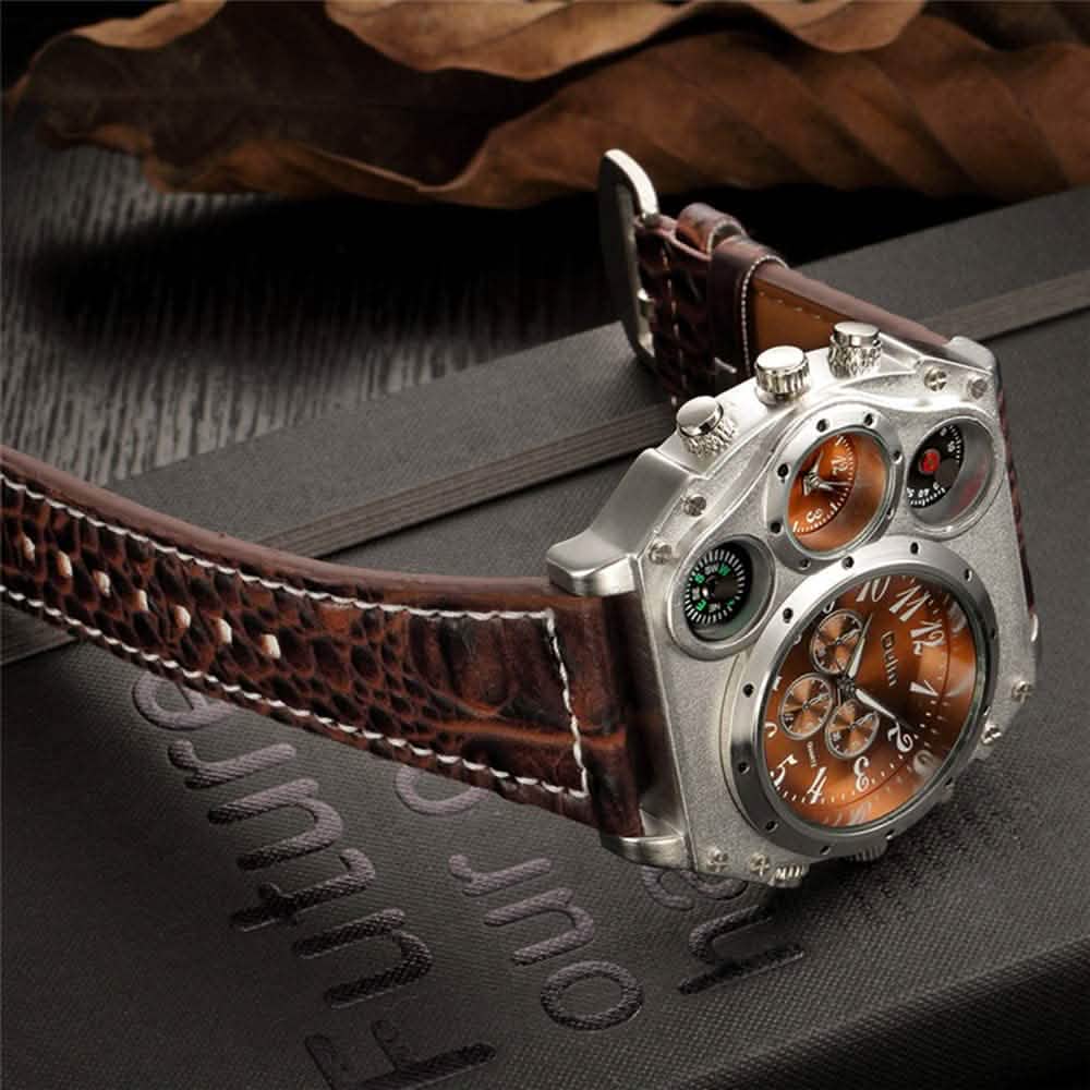 Montre sportive à double fuseau horaire avec grand cadran et bracelet en cuir pour homme Avaner