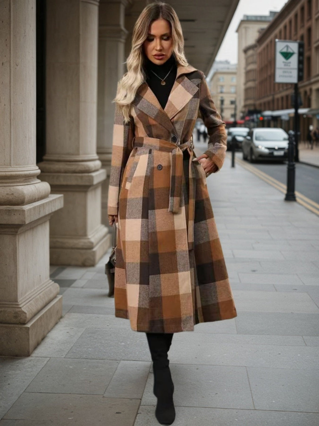 Manteau croisé en laine à revers pour femme - Longue veste coupe-vent à lacets