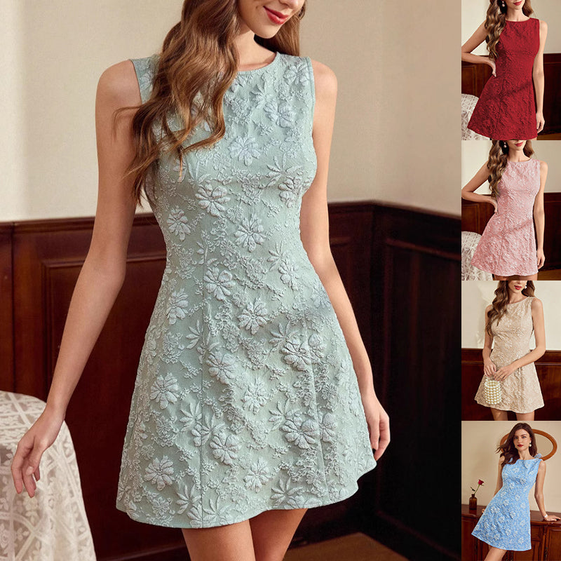 Robe midi sans manches en jacquard pour femme – Coupe ajustée style minimaliste français