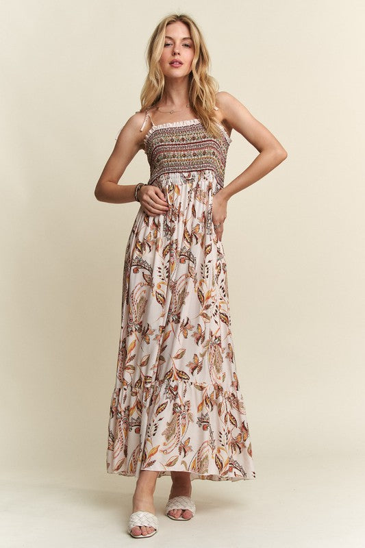 Nouvelle robe camisole d'été smockée à imprimé, encolure carrée et liens aux épaules – Robe d'été tendance, chic, féminine, confortable et stylée