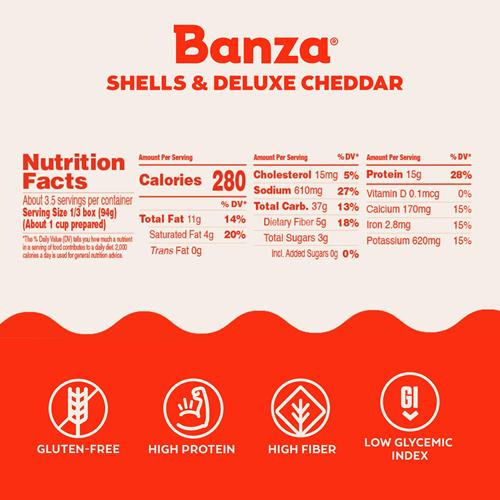 Banza Coquilles Deluxe Macaroni au Fromage Cheddar Crémeux - Riche en Protéines, Sans Gluten et à Faible Teneur en Glucides, Macaroni au Fromage Protéiné Deluxe 312g