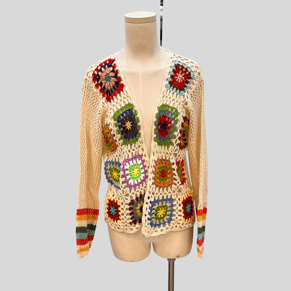 Cardigan en maille florale fait main au crochet | Haut tricoté bohème ouvert sur le devant