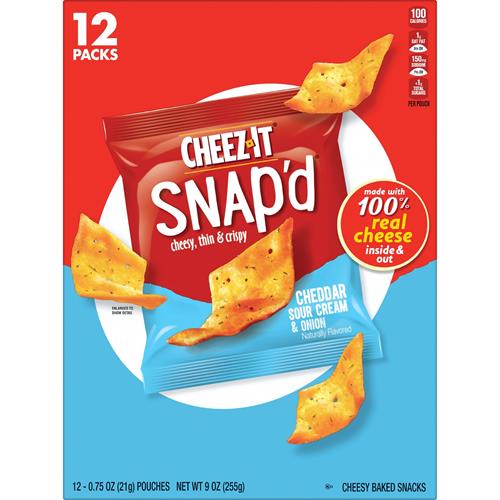 Cheez-It Snap'd Croustilles au fromage, croustilles minces, collations pour le déjeuner, cheddar, crème sure et oignon, boîte de 255 g (12 sachets)