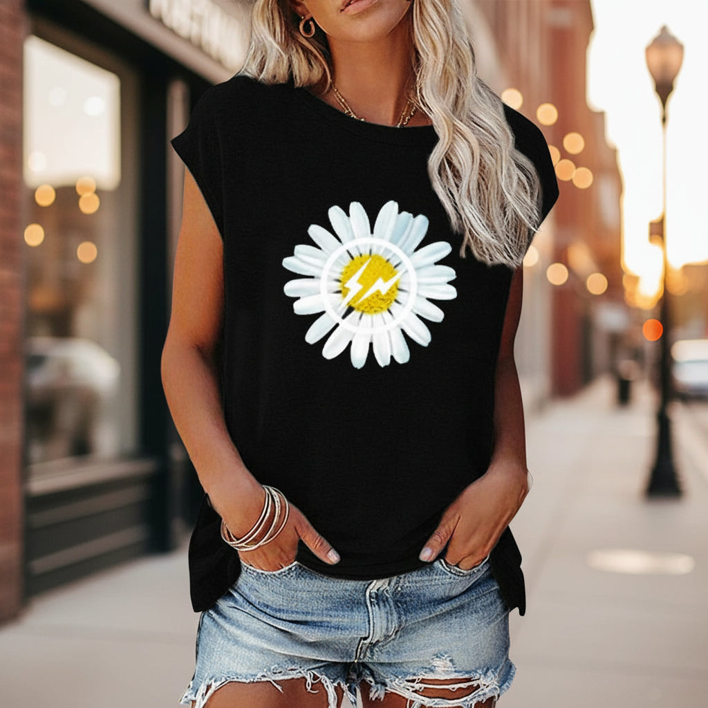 Haut imprimé à épaules dénudées pour femme – Pull en coton à manches courtes et coupe ample