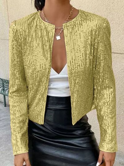 Veste courte élégante à sequins ouverte sur le devant pour femme avec des paillettes glamour, Veste de soirée de luxe pour femme