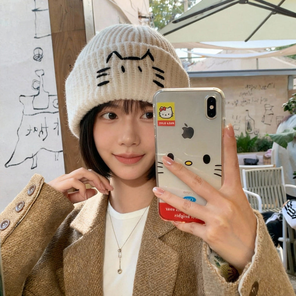 Bonnet tricoté femme motif chat mignon – Bonnet chaud automne et hiver