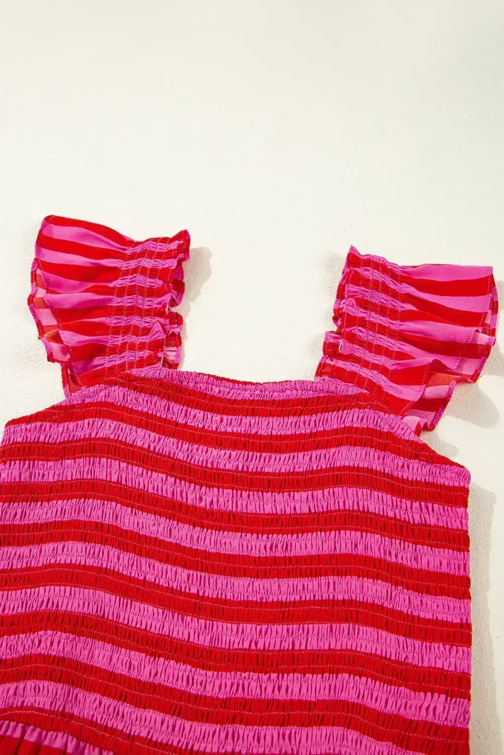 Rose Stripe Ruffle Strap Shirred Bodice Tiered Maxi Dress