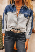 Veste en jean vieilli à rabat et patchwork bleu crépuscule