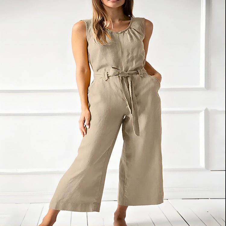 Pantalon en coton uni taille mi-haute longueur cheville pour femme