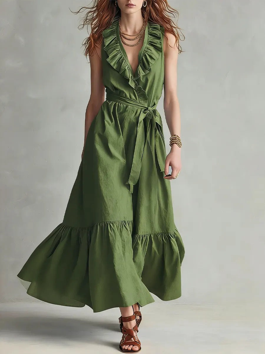 Robe longue sans manches évasée à col en V et laçage empiècements – Femme