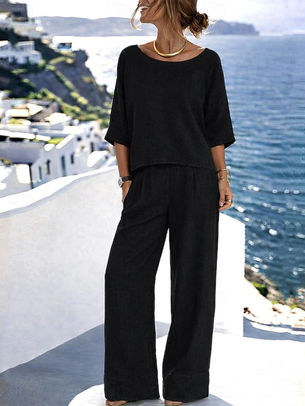 Ensemble de villégiature en coton et lin pour femme – Haut à manches courtes et pantalon à jambes larges