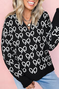 Pull à col zippé, motif nœud papillon mignon noir, épaules tombantes - Femstylo