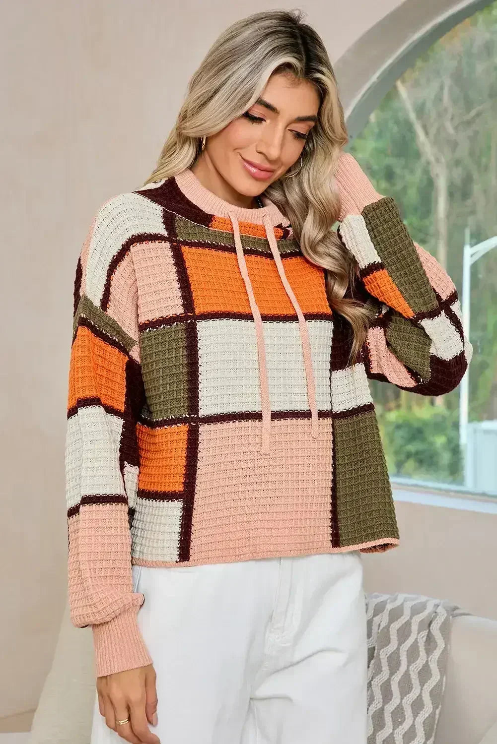 Pull à col montant orange color block en tricot gaufré avec cordon de serrage