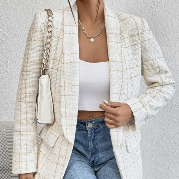 Veste de costume élégante en lin unie pour femme avec fausses poches