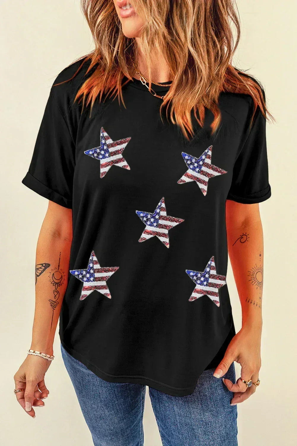 T-shirt graphique étoiles drapeau américain à paillettes noires