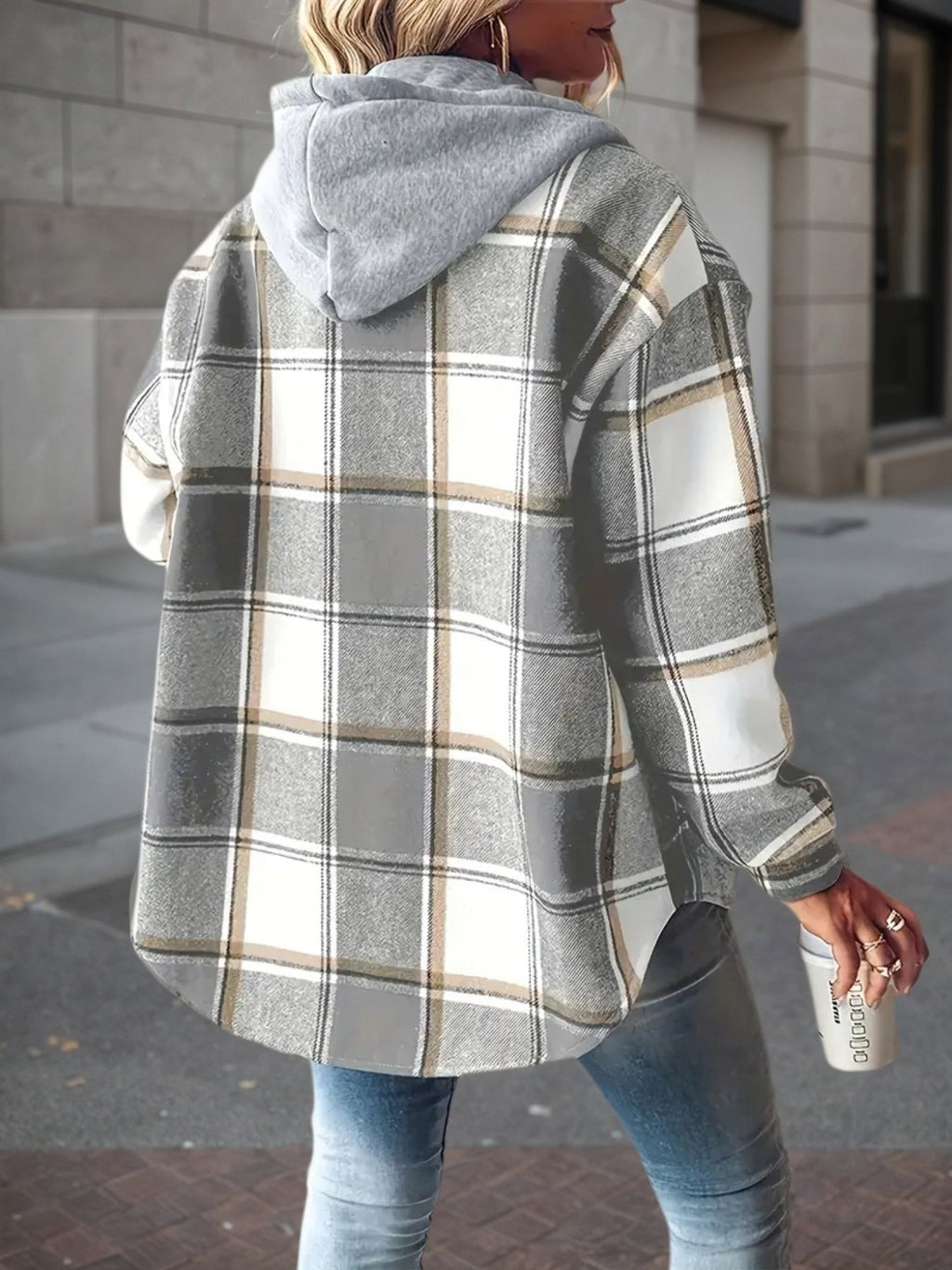 Veste à capuche écossaise pour femme – Manches longues doublées de laine