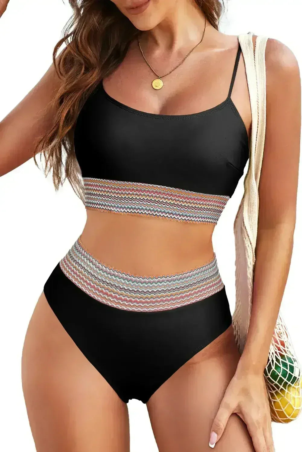 Ensemble bikini taille haute à fines bretelles patchwork rayé rose