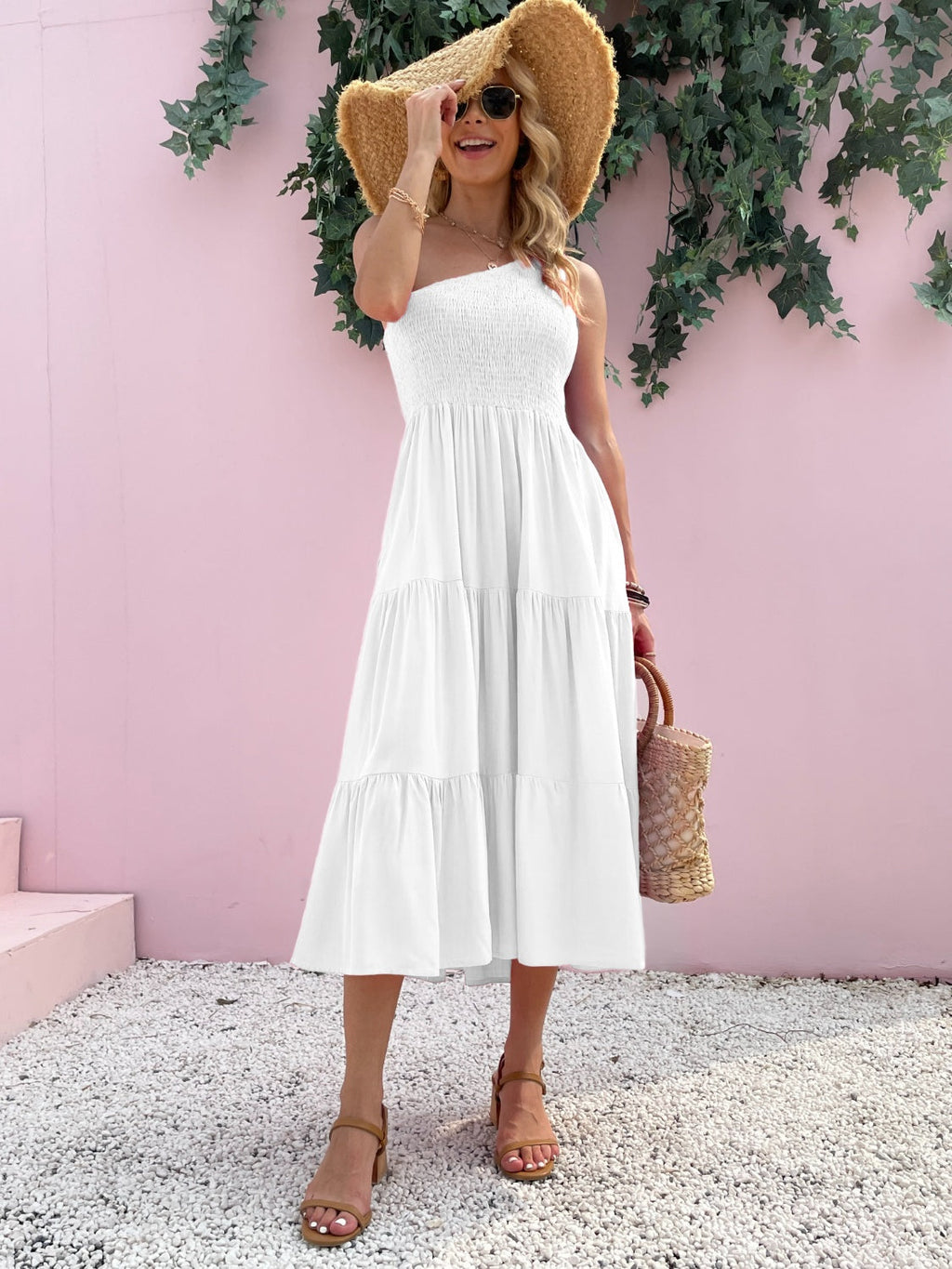 Robe Longue d'Été Sans Manches à Épaule Dénudée et Smocks Élégante et Confortable Robe Légère