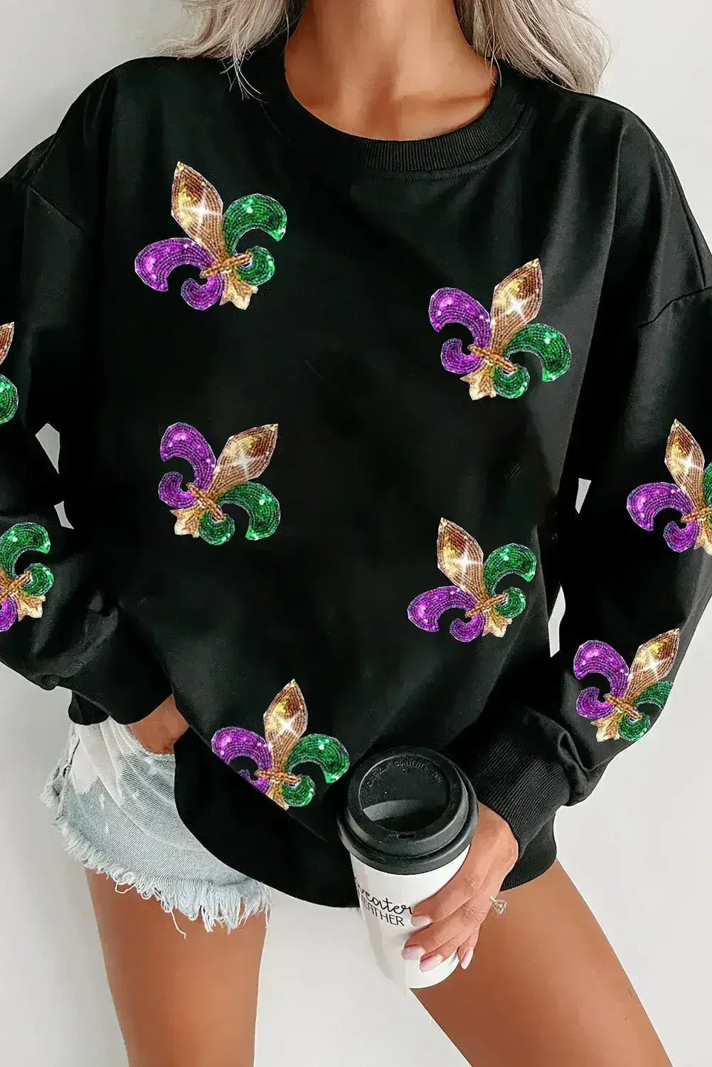 Sweat-shirt ras du cou de Mardi Gras à sequins blancs