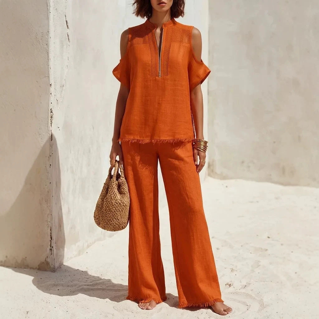 Ensemble pantalon et haut à épaules dénudées à manches courtes en lin mélangé pour femme