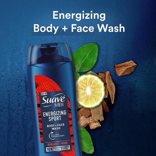 Gel douche corps et visage Suave Men, Nettoyant corporel pour une peau hydratée, Sport énergisant, Au parfum frais longue durée 532 ml