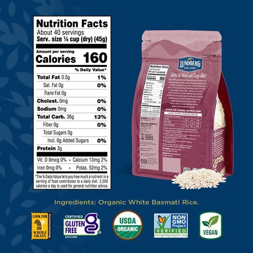 Riz Basmati Lundberg, riz blanc biologique à grains longs - non collant, moelleux, noisette, riz aromatique, alimentation végétalienne, repas sains, riz sans gluten cultivé en Californie, 64 oz