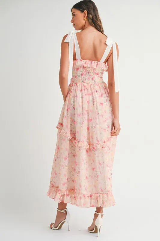 Robe Midi Imprimé Floral à Bretelles Pour Femme – Robe Midi Fleurie, Robe à Bretelles, Robe Midi Volants, Robe Fleurie Féminine, Robe de Soirée Élégante