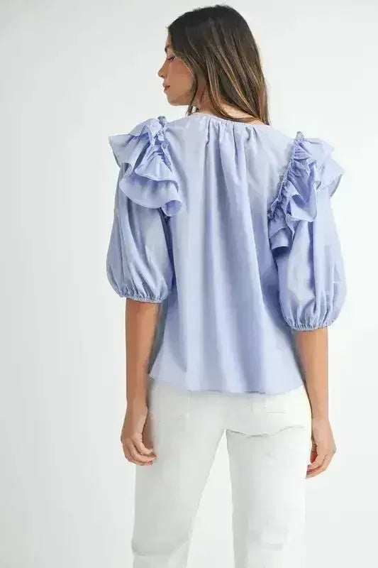 Chemisier MABLE à rayures, volants aux épaules et manches bouffantes | Femstylo