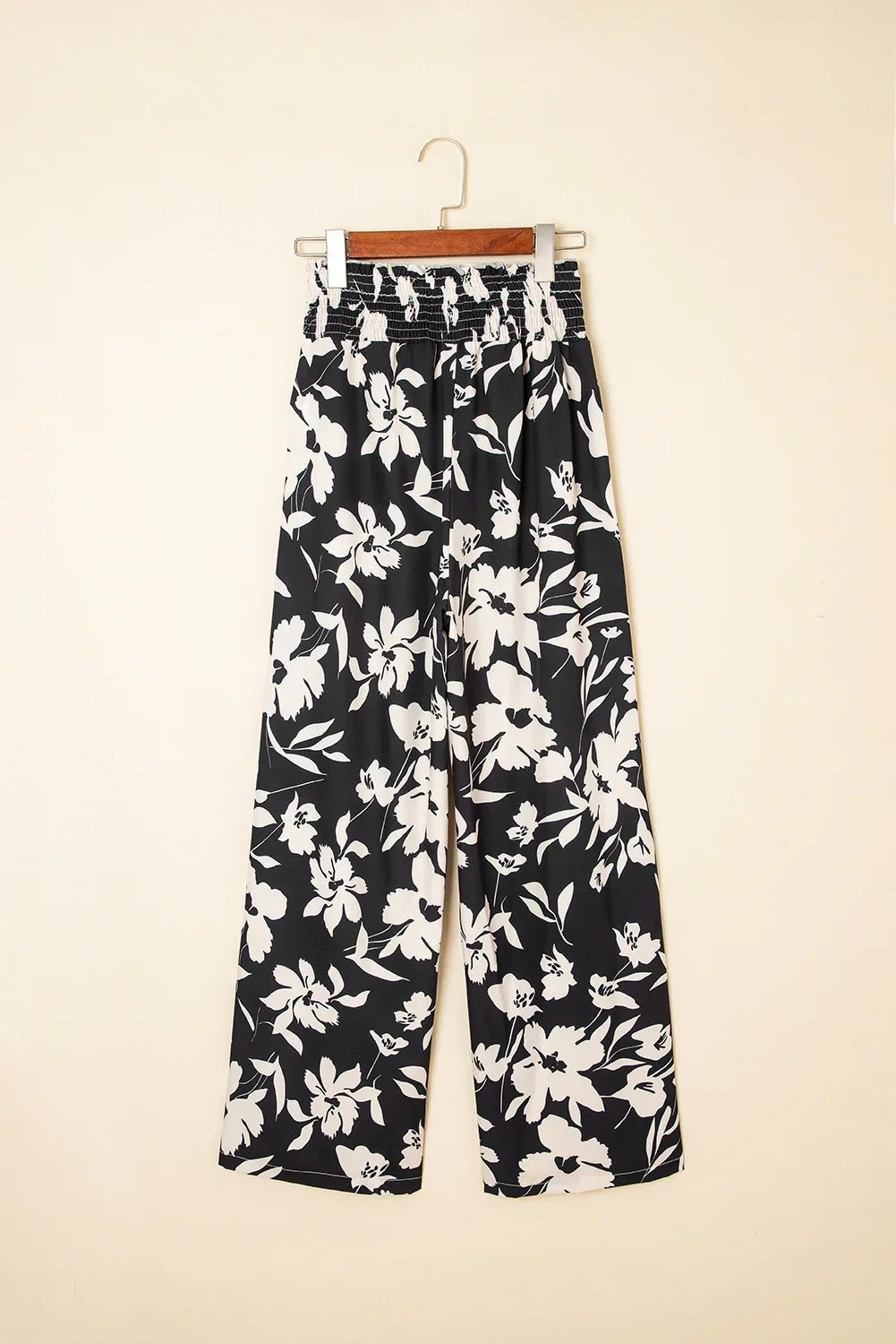 Pantalon ample bleu floral smocké à volants à la taille