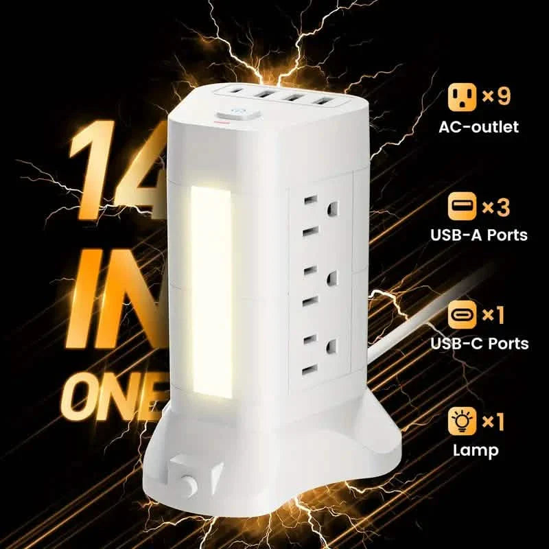 Multiprise tour 14-en-1 avec 4 ports USB et 9 prises CA, câble de 3 m, veilleuse 3 couleurs réglable