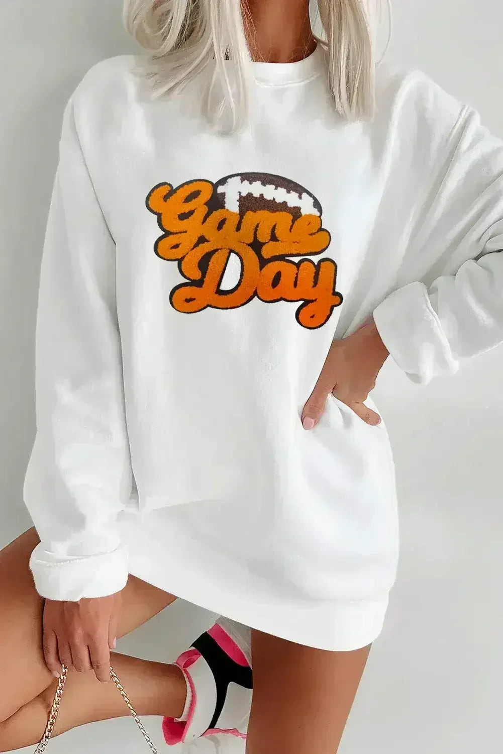 Sweat-shirt pull en chenille blanche à motif rugby et football pour les jours de match