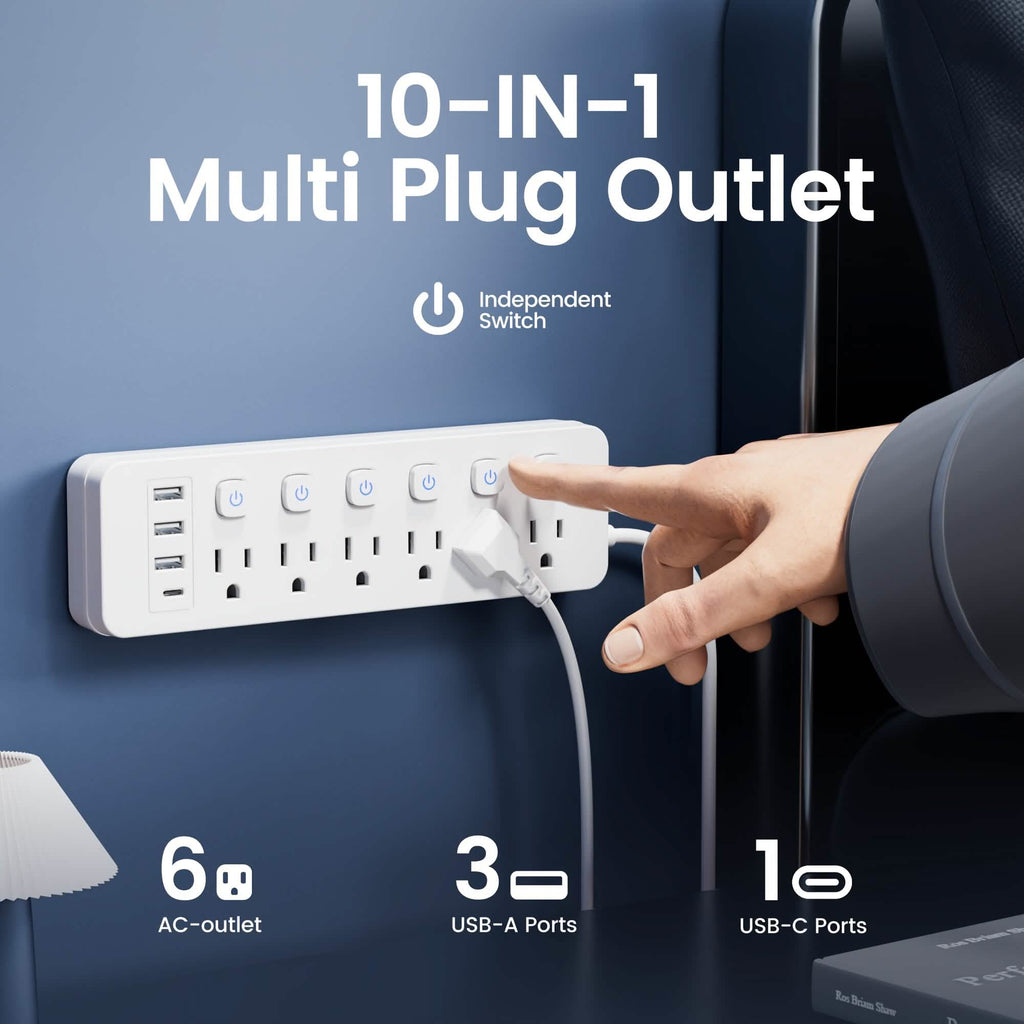 Multiprise 10-en-1 – 6 prises CA, 3 ports USB-A, 1 port Type-C
