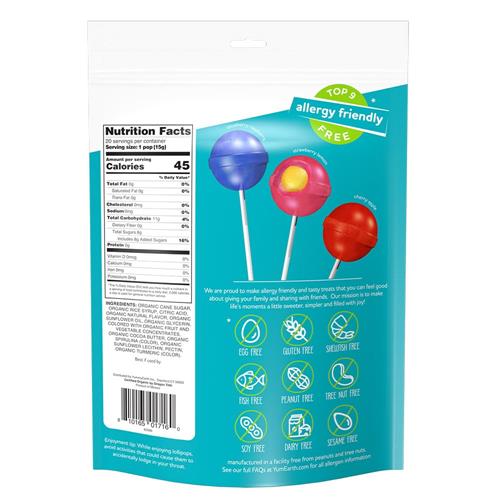 Yumearth Sucettes biologiques Duo Pops, sucettes avec centre moelleux aux fruits - Hypoallergénique (sans les 9 allergènes majeurs), sans colorants ni arômes artificiels, sans OGM, sans gluten, bonbons végétaliens - 20 sucettes emballées individuellement