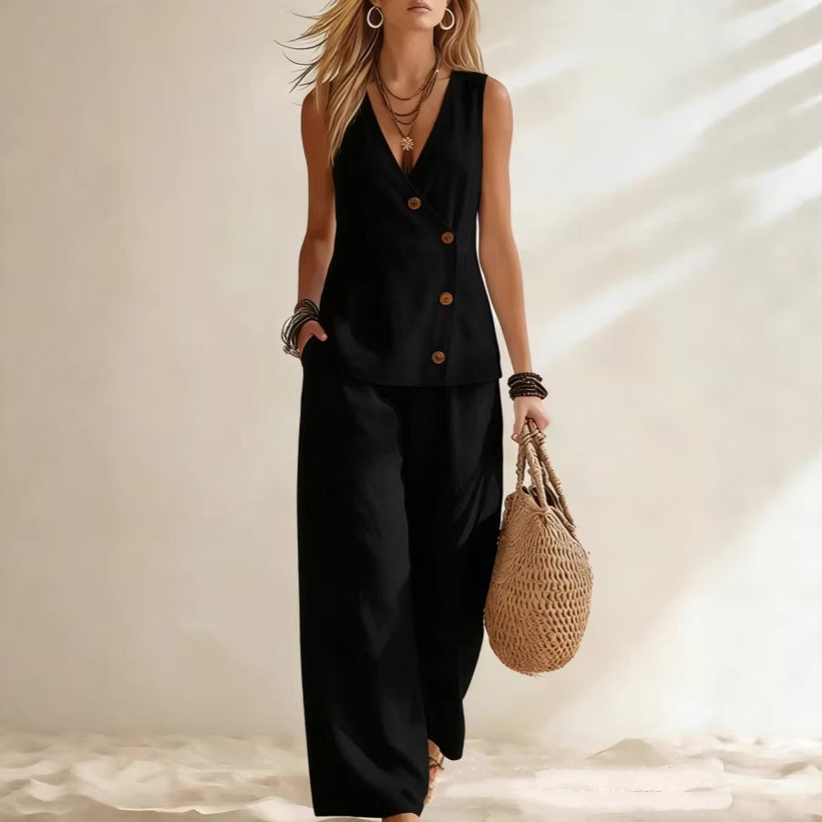 Ensemble gilet cardigan boutonné et pantalon pour femme – Deux pièces sans manches