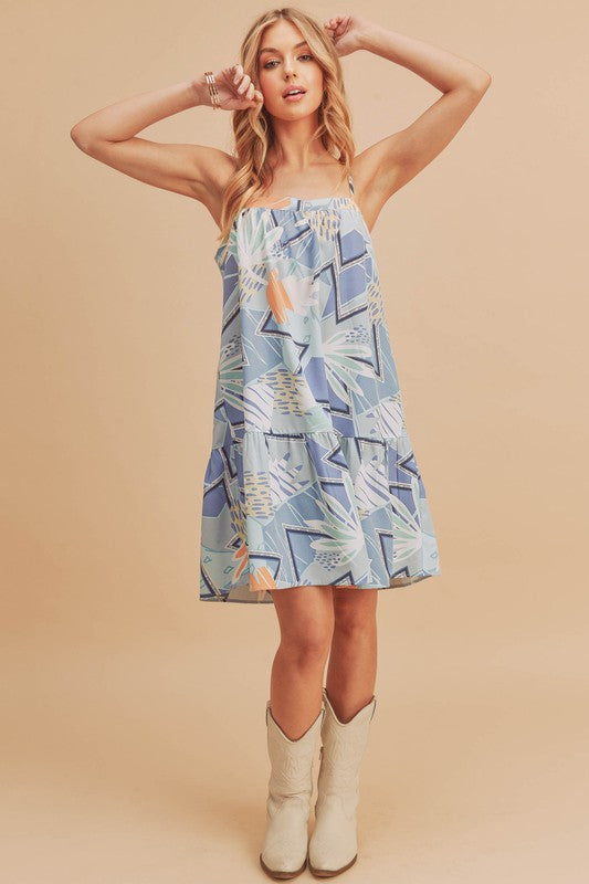 Nouvelle robe courte à bretelles imprimée à col carré et ourlet volanté pour femme – Robe courte élégante et chic à col carré avec ourlet volanté féminin