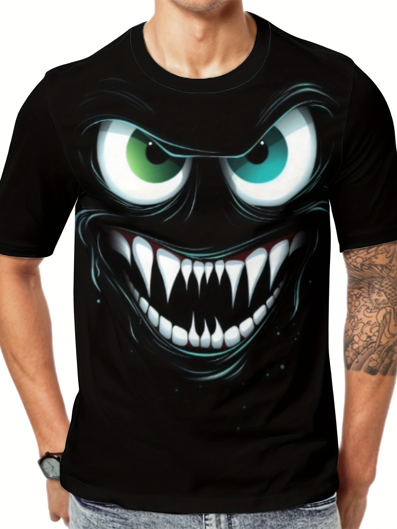 T-shirt 3D manches courtes Evil Smile pour homme – Style streetwear à motif graphique