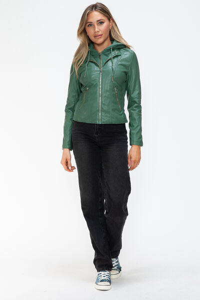 Veste à capuche en similicuir zippée avec cordon de serrage pour femme, élégante et décontractée, en cuir PU pour le streetwear