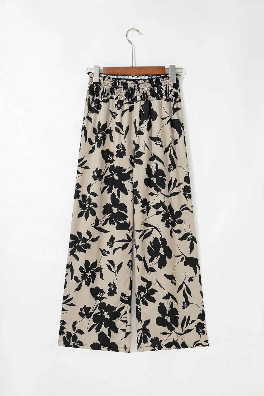 Pantalon ample bleu floral smocké à volants à la taille